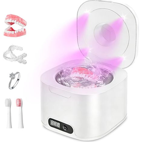 Appareil de nettoyage à ultrasons pour gouttière dentaire 48000 Hz UV, nettoyeur à ultrasons pour prothèses dentaires, 4 modes de minuterie, récipient en acier inoxydable, pour lunettes, bijoux et (1/5)