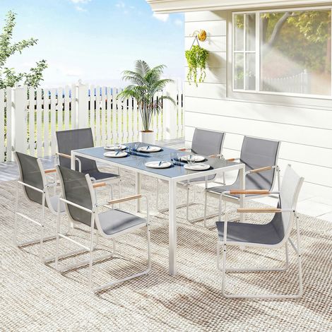 Gartenmöbel-Set mit Tischplatte aus gehärtetem Glas und 6 atmungsaktiven Stühlen für Terrasse und Garten, Weiß und Grau