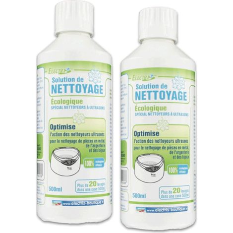 Lot de 2 solutions liquides écologiques pour nettoyeurs ultrasons – 500 ml pour nettoyage de métal, argenterie et bijoux – 100% biodégradable – Electris