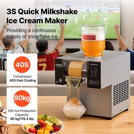 Machine à Glace Râpée de Neige Commerciale, Machine à Râper la Glace 80 kg/24H, en Inox, Système de Refroidissement par Air, Dissip… (1/5)