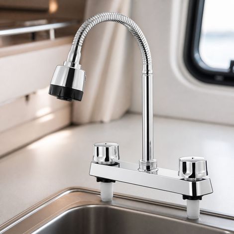 Robinet de cuisine pour camping-car, mitigeur double commande eau chaude et froide, bec pivotant 360°, 2 modes d'écoulement, DY-51016 (1/5)