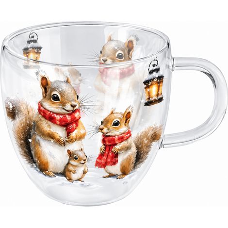 Tasse double paroi écureuils hiver en verre 200 ml (1/2)