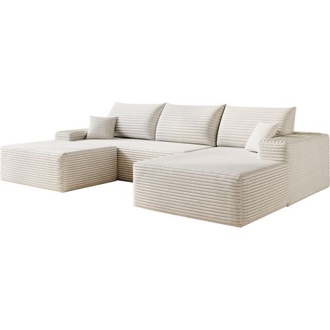 Canapé d'angle modulable en tissu côtelé blanc, avec méridienne réversible, assise profonde et sans montage, pour salon, appartement ou chambre CHICFURN (1/5)