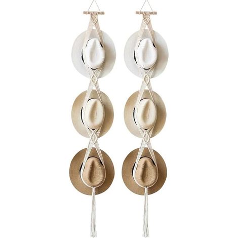 Porte-chapeaux en macramé tissé à la main pour 1 à 3 chapeaux, rangement de chapeaux bohème, corde à suspendre,pour chapeaux bohèmes à large bord écharpes sacs à main serviettes (1/5)