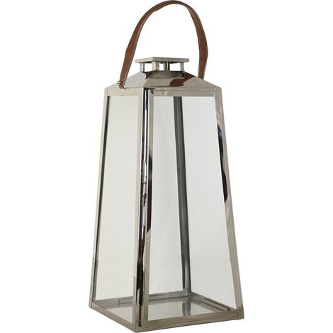 Lanterne design élégance en acier et verre - Chrome argenté avec anse en cuir marron (1/5)