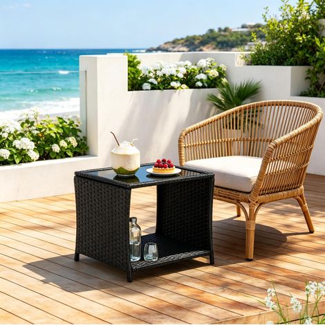 Mesa auxiliar de jardín 45x45x40 cm, con almacenamiento abierto y tablero de vidrio templado, metal ratán negro (1/5)