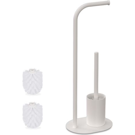 Juego de baño Relaxdays, H x An x F: 64,5 x 23 x 17 cm, metal, portarrollos de pie con escobilla, soporte WC, blanco (1/5)
