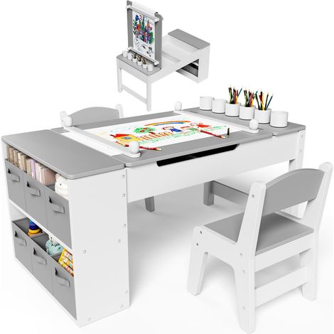 Table pour Enfant avec 2 chaises, en Bois, Groupe de Rangement, Table de coloriage pour Enfants à partir de 3 Ans, Bureau de coloriage et de Bricolage, Gris (1/5)