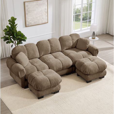 Canapé modulaire en U marron en chenille avec ottomane mobile et coussins décoratifs (1/5)