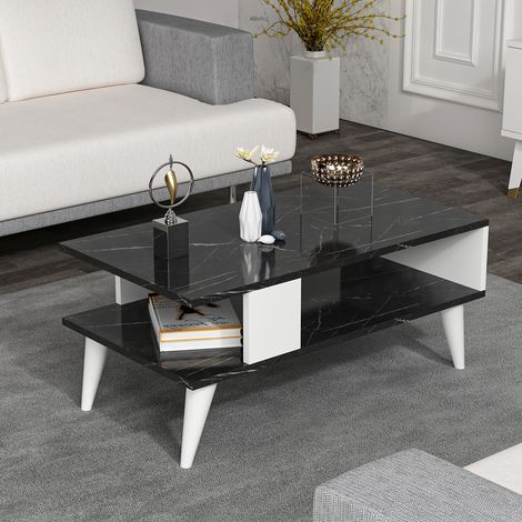 Tavolino Basso da Divano 'Lycksele' con Scomparto Semiaperto e 4 Piedini - Effetto Marmo Nero / Bianco [en.casa] (1/4)