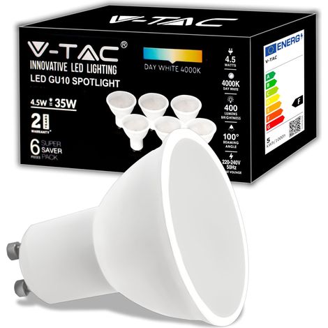 V-TAC 6x Lampadine LED GU10 4.5W (Equivalenti a 35W) - 400 Lumen - Alta Luminosità - Faretto Led GU10 - Massima Efficienza e Risparmio Energetico - Luce Bianca Calda 3000K - Box 6 Pezzi (1/5)