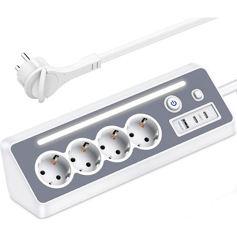 Multiprise avec USB et 2 Types C - Multiprise d'angle à 4 Prises avec Lumière LED- Protection Contre Les Surtensions - 3680W/16 A Multiprises avec Interrupteur -Prise Plan De Travail Cuisine , Bureau