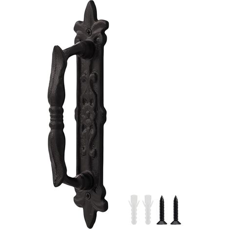 Poignée Porte Coulissante Noire, Poignée de Porte Extérieure en Fer Forgé, Longueur 235 mm, 60 mm de Hauteur, Poignet de Portes Vintage avec Vis, Adaptée aux Remise, Garages, Granges, Placards (1/5)