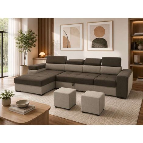 Divano Letto Angolare con Contenitore e 2 Pouf in Tessuto Marrone Beige - Antonello Domo Mea (1/4)