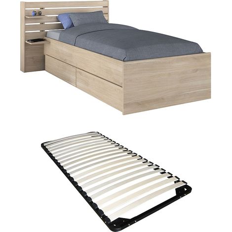 Lit 90 x 190/200 cm avec rangements - Coloris : Naturel + Sommier - TENALIA