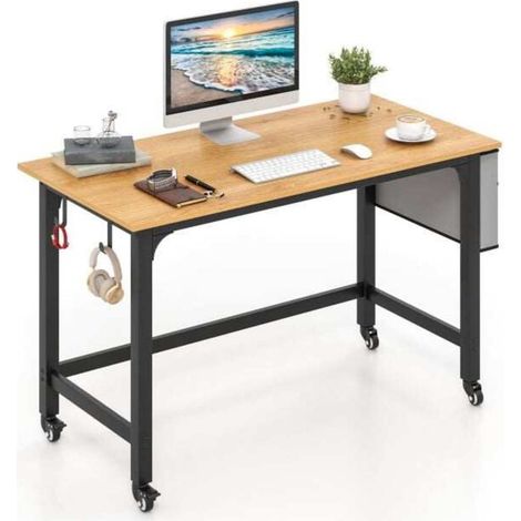 120 cm Bureau Informatique Mobile pour Télétravail et Étude avec Roulettes Freinées Sac et Crochets Naturel (1/5)