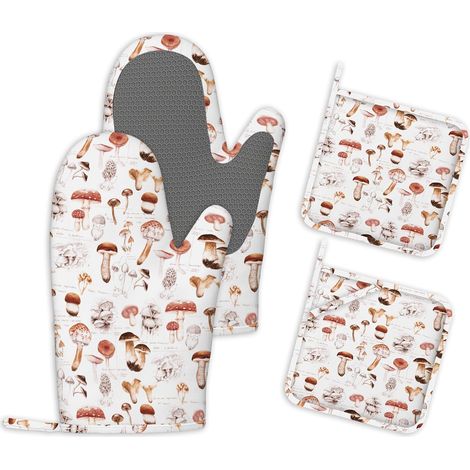 Ensemble de 4 Gants de Cuisine et Maniques Rétro Champignons Gants de Cuisine Extra Longs Résistants à la Chaleur en Silicone Parfaits pour la Cuisson au Four la Cuisine et Les Grillades (1/5)