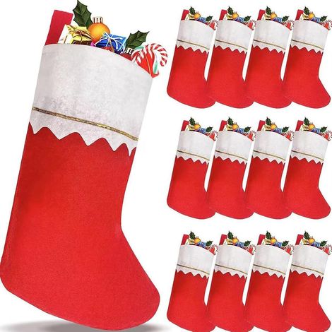 Calze di Natale appese, 12 pezzi di calze di Natale, stivali di Natale, grandi calze di Natale, sacchetto regalo di calze di Natale rosse per decorazioni natalizie, albero del camino, sacchetto di car (1/5)