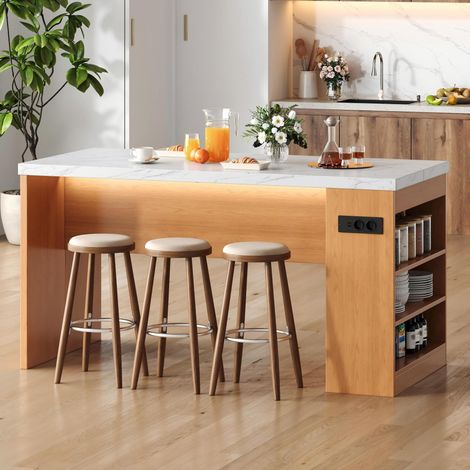 Îlot de cuisine 155x80x90 cm en MDF naturel, avec rangement et LED pour cuisine FloraGrace (1/5)