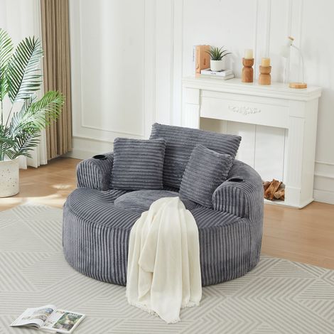 Fauteuil lounge rond 1 place - 3 coussins, 2 porte-gobelets et poches latérales - velours côtelé - Gris (1/4)