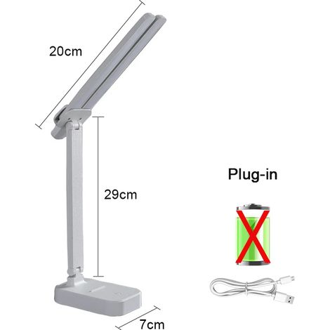 Lampe de bureau LED (type à brancher), rechargeable par USB, luminosité réglable sur 3 niveaux, tactile, respectueuse des yeux, pliable. (1/5)