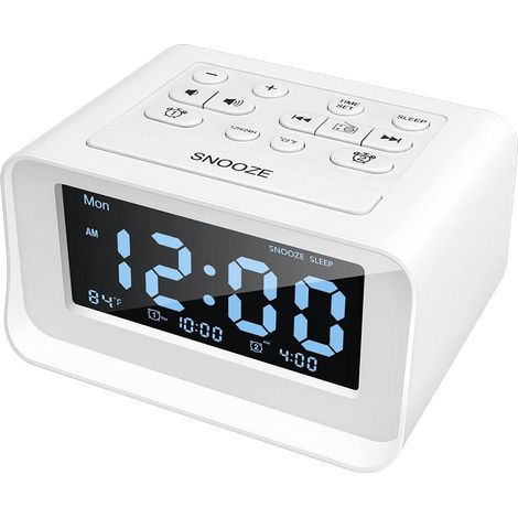Réveil numérique double alarme avec 2 ports USB, luminosité réglable 0-100%, volume ajustable, thermomètre intérieur, blanc, radio électronique de chevet (1/5)