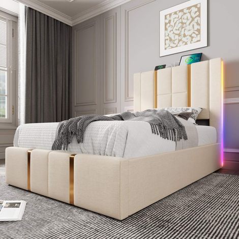 Lit coffre 90x200 cm beige en lin, LED RGB avec appli et télécommande, USB et USB-C, rangement hydraulique, sommier à lattes en bois inclus, sans matelas (1/5)