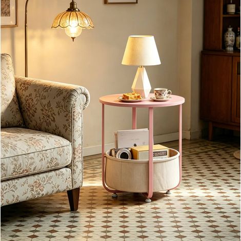 Table d'appoint ronde 45x45x50 cm rose en toile, métal et bois avec panier de rangement (1/4)
