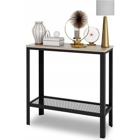 Consola atornillada con estante de malla para pasillo tipo loft, color negro + roble Sonoma. (1/4)