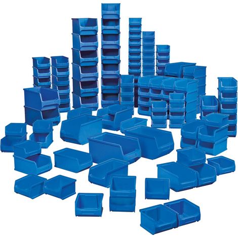 BRB Lot de 100 boîtes de rangement professionnelles de qualité industrielle, couleur bleue, 55 tailles LB6, 35 tailles LB5, 10 tailles LB4 (1/3)