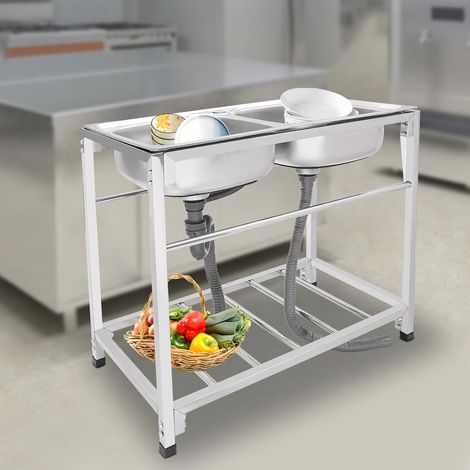 Outdoor Utility Sink,Freestanding Stainless Steel Double Bowl Kitchen Sinks 32.717.330.3in Commercial Restaurant Sink Outdoor Camping Washbasin with Drainer Kit and Storage Shelf,Load Capacity 75kg (1/5)
