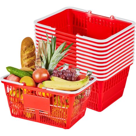 Panier de Courses Plastique PE Panier à Provisions Empilables, Lot de 12, 21 L avec Poignées, Structure Maille Dense, Charge 9 kg, pour Épicerie, Vente au Détail, Magasins, Supermarchés, Rouge (1/5)