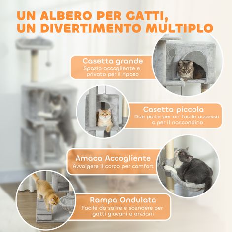 Arbre à chat de 140 cm avec 2 niches, hamac, couchage et poteaux en sisal, gris (1/5)
