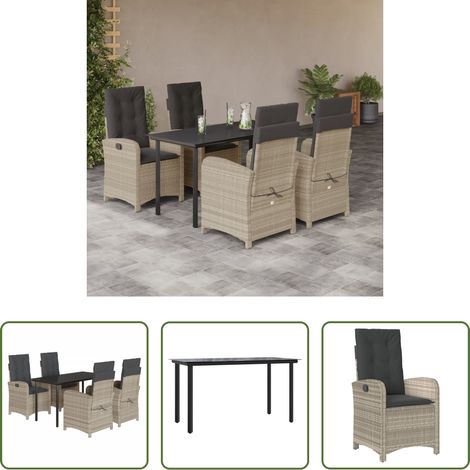vidaXL Gartenessgruppe -  5-tlg. Garten-Essgruppe mit Kissen Hellgrau Poly Rattan (1/5)