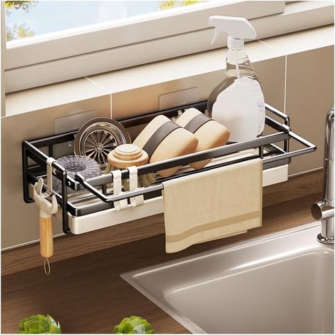 Étagère Murale pour Évier de Cuisine, Organiseur de Vaisselle Amovible Avec Plateau d'Égouttement, Sans Perçage, pour Éponge et Brosse (1/5)