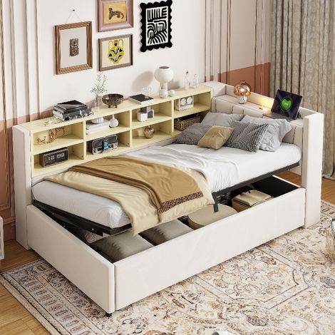 Polsterbett Schlafsofa 90x200 cm mit hydraulischem Stauraum und Ablagen, Multifunktionsbett mit USB-Anschluss und Nachtlicht, Samt Beige (1/5)