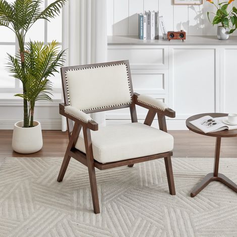 Poltrona in Lino, Seduta Imbottita con Braccioli e Schienale Alto, Struttura in Legno, Beige 66.5 × 66 × 88 cm