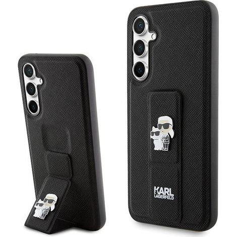 Étui rigide noir/noir Karl Lagerfeld KLHCS23FEGSAKCPK S23 FE S711 Gripstand Saffiano Karl&Choupette Pins