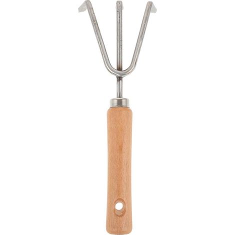 Râteau de jardin à manche en bois pour planter, creuser, désherber et ameublir la terre. Multicolore, petit format et léger. (1/5)