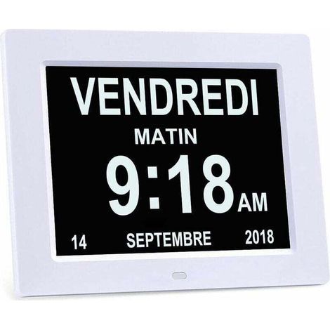 8" LCD Horloge Numérique Calendrier avec Date, Jour et Heure Horloge Alzheimer pour Les Seniors,C'est pour Les Parents (Blanc) (1/4)