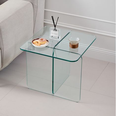 Mesa auxiliar 45x45x41 cm transparente, de vidrio templado, multifunción MEUBLIV (1/5)