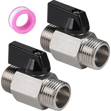 2 x Robinets à Tournant Sphérique Mini 1/2" Mâle x 1/2" Mâle, Vanne à Boisseau Sphérique en Laiton Nickelé avec Ruban Téflon (1/5)