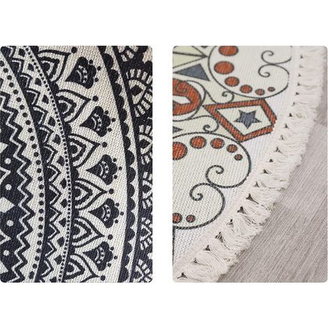 Runder, handgewebter Baumwollteppich 60 cm – Vintage-Mandala-Muster im Bohème-Stil mit Quasten – Maschinenwaschbar, für Schlaf- und Wohnzimmer –
