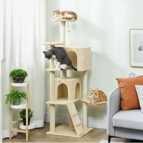 Katzenbaum 160 cm mit Hängematte, Leiter, Höhle und 2 Plüschbällen, beige OKMYHOME (1/5)