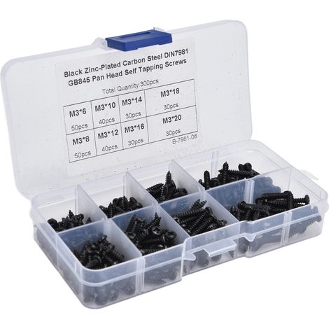 Kit de 300 vis autotaraudeuses à tête cruciforme, en acier au carbone M3, noires.