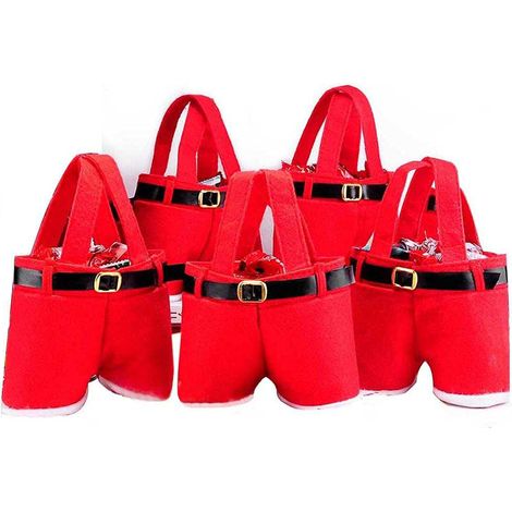 Sac Cadeau Noel - Sac En Coton Rouge Style Pantalon De Pere Noel - 21 x 14,5 cm - Pour Chocolats Bonbons Et Petits Cadeaux - Lot De 5 (1/5)