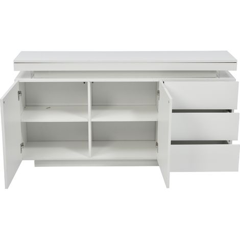 Buffet moderne pour salon, meuble d'appoint, meuble sur pied, commode, buffet haut, enfilade, meuble à 2 portes et 3 tiroirs, laqué brillant, avec LED, sans poignées, 140x35x72.5cm - Blanc (1/5)