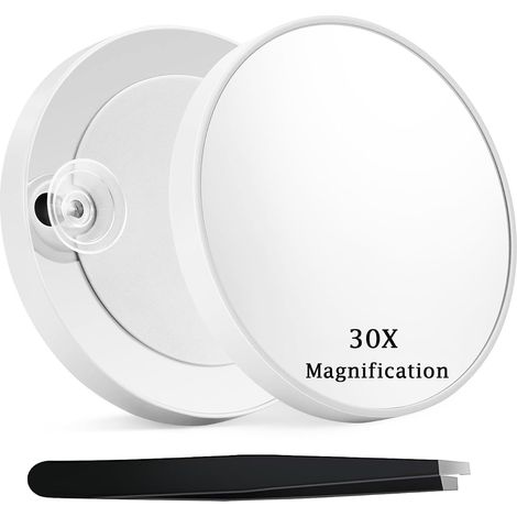 Miroir grossissant 30x avec ventouse et pince à épiler (2 ventouses) : Miroir de maquillage de qualité professionnelle pour le maquillage, les soins de la peau et la mise en forme des sourcils. (1/5)