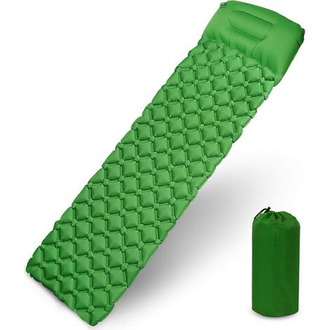 Matelas Camping, Tapis de Couchage avec Oreiller de Gonflable Matelas Randonnée Pliable et Imperméable pour Camping, Voyage, Randonnée 190 x 56 x 6cm (Vert)- (1/4)