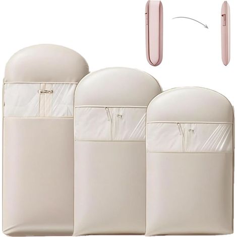 Lot de 3 housses de costume auto-compressibles avec protection, transparentes et anti-poussière, beige, 3 tailles (1/5)